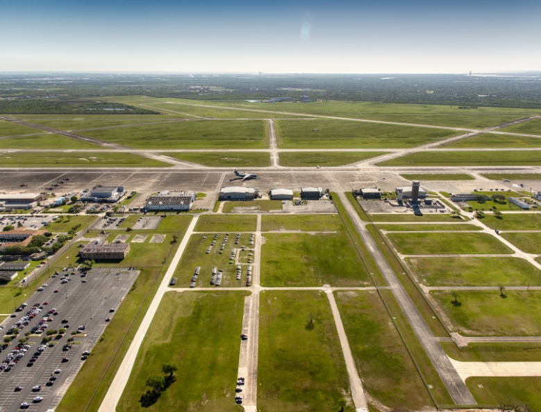 Aerial view of airport and runway