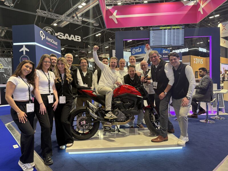 A picture of the AeroCloud team on a motorbike at PTE Madrid