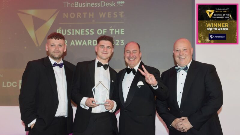 Damian Fairbrother-Jones, Adam, Gibson and Matthew Blakeley collect AeroCloud's "One To Watch" Award at North West Business of the Year Awards in Manchester.